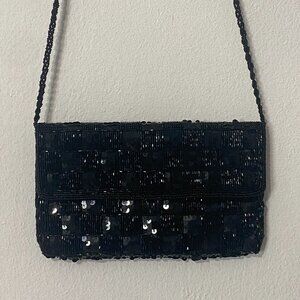 Women's Vintage Sparkling Beaded & Sequined Evening Purse Black 9"L x 5"H
